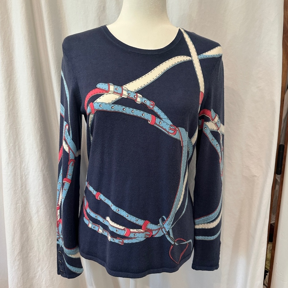 J. McLaughlin Blue and Red equestrian Long Sleeve lightweight cotton sweater